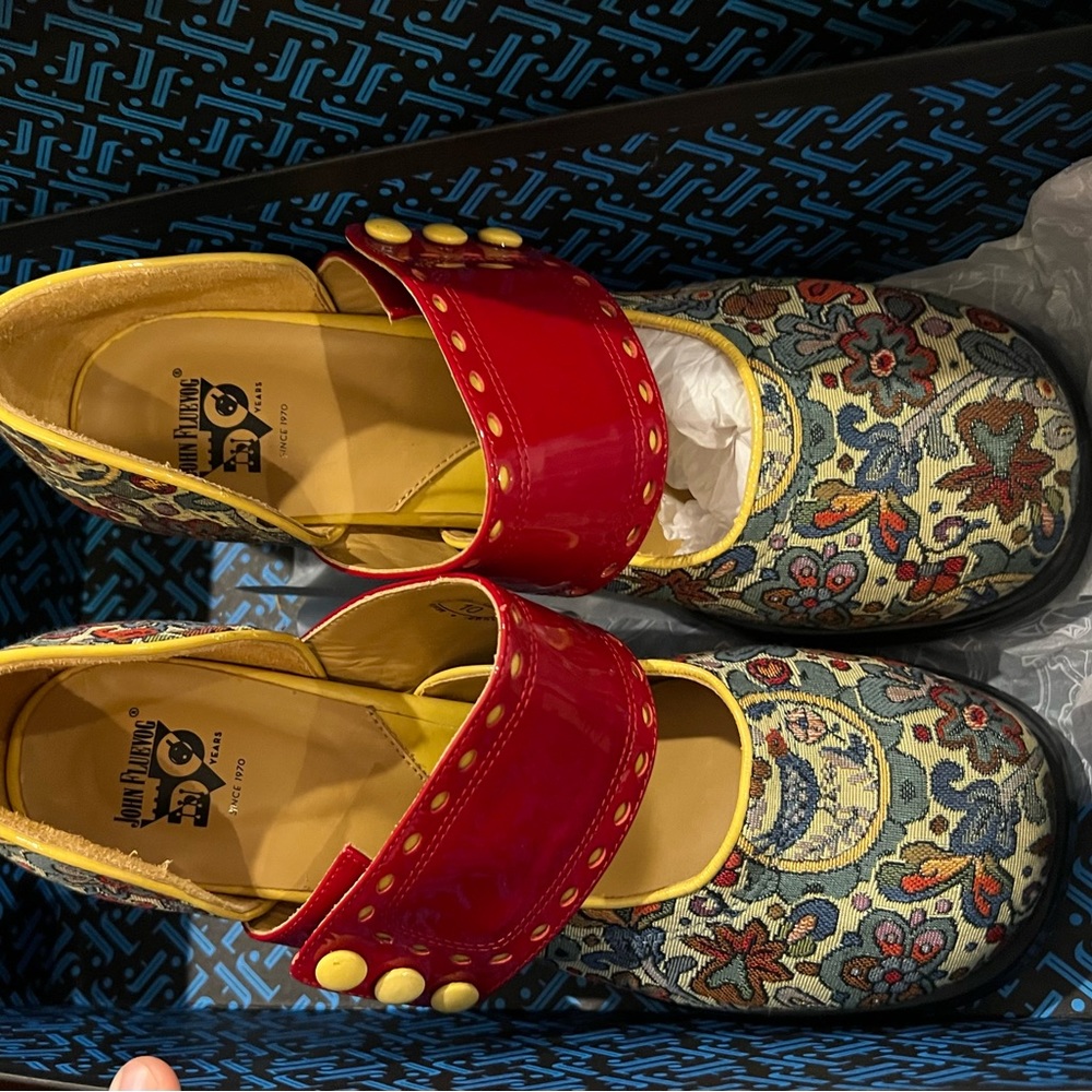 New John Fluevog Zaza mini Mary Janes in red/tapestry.